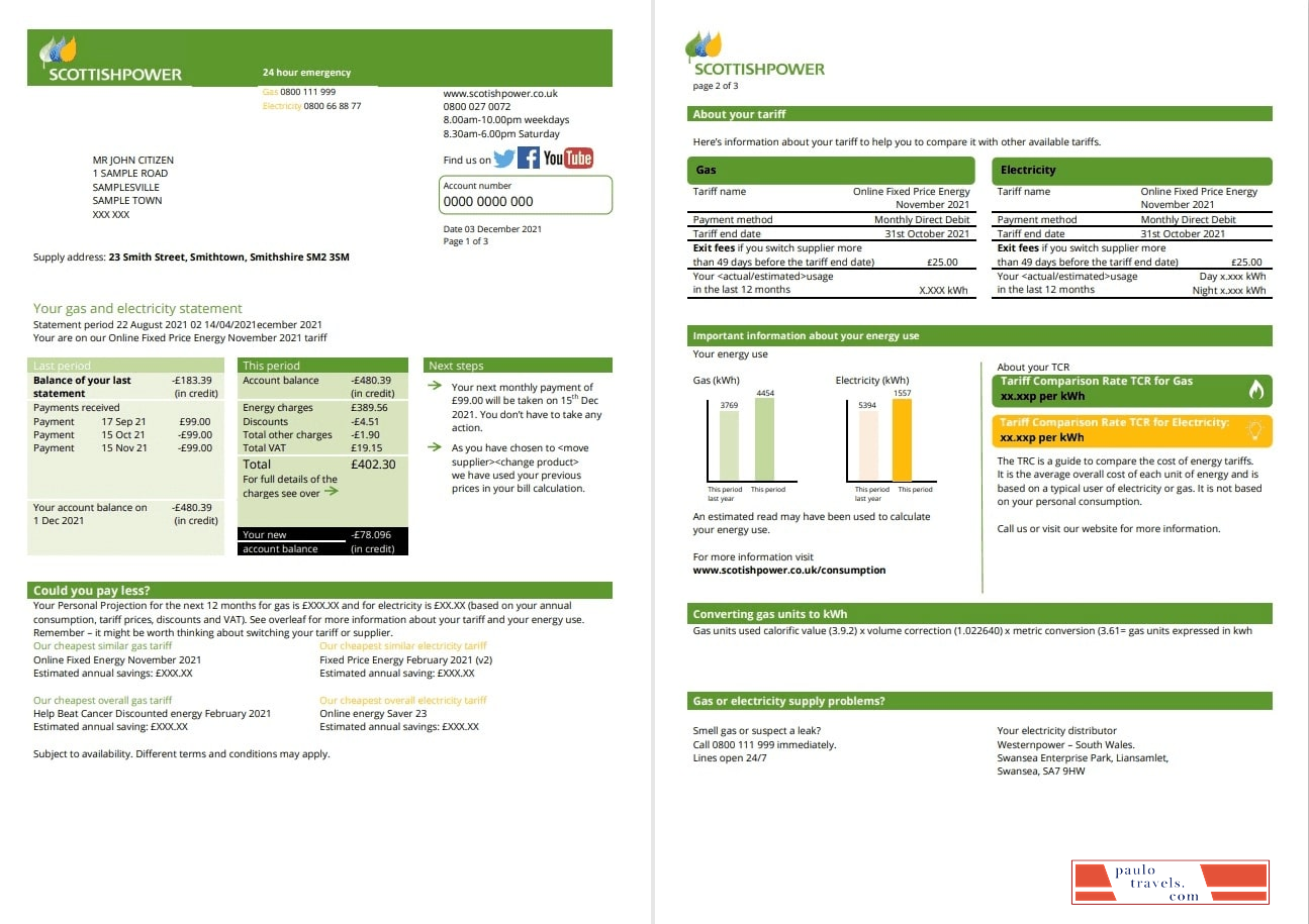 USA ScottishPower utility bill template in Word and PDF format (3 pages) 1 2